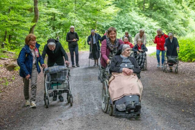 Die Gruppe ist unterwegs zum Baumwipfelpfad, einige werden im Rollstuhl geschoben.